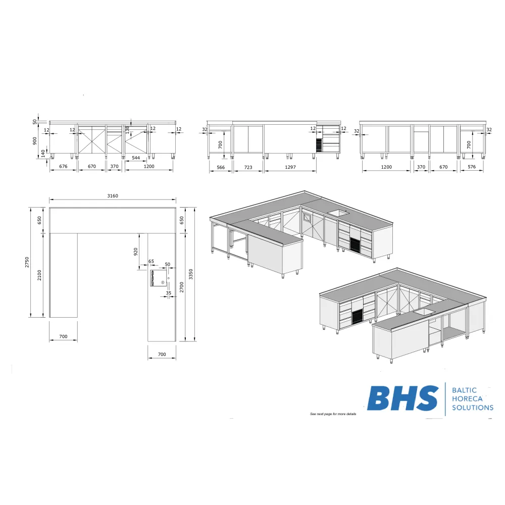 Барная стойка U-образной формы 3350x3360x900 мм
