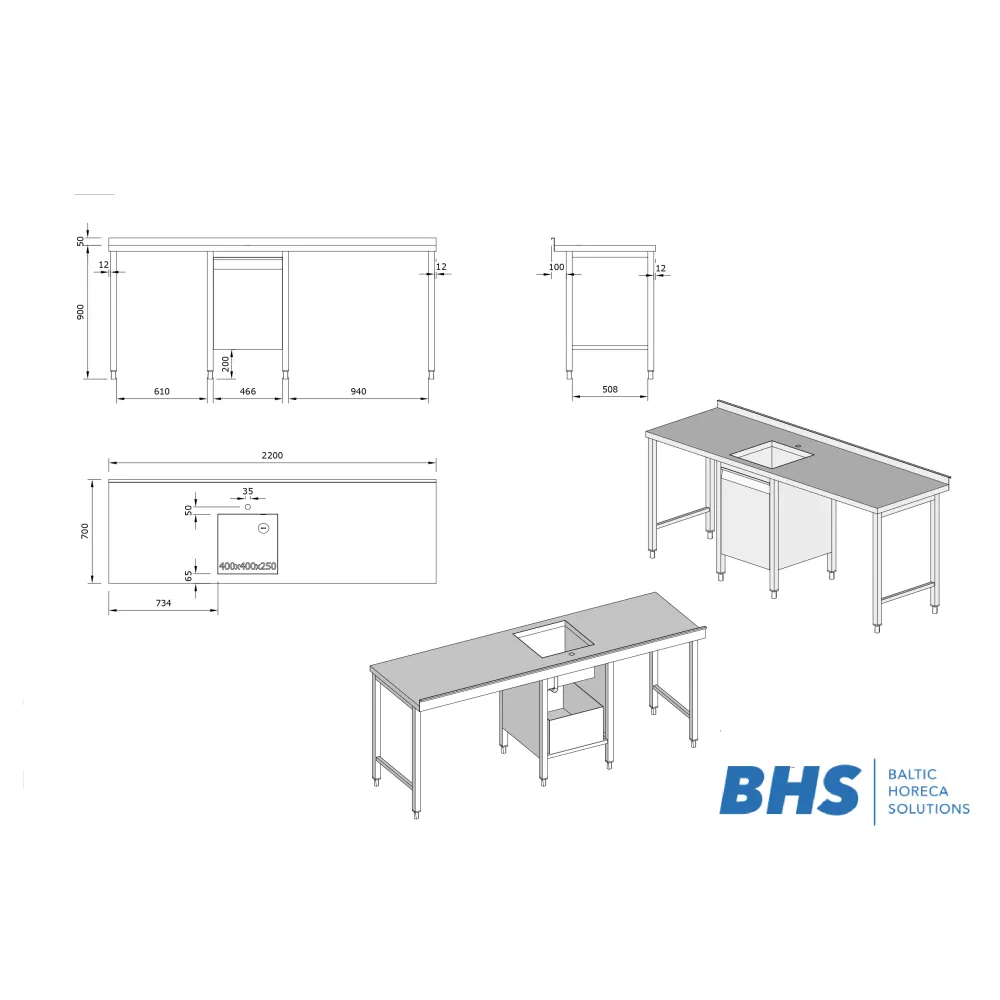 Стол из нержавеющей стали с мойкой 2200x700x900 мм