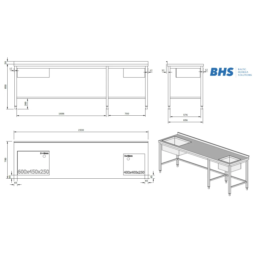 Стол из нержавеющей стали с 2 мойками