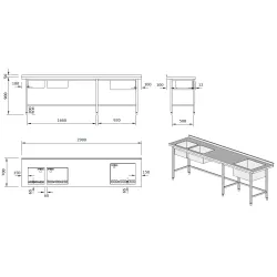 Стол из нержавеющей стали с 3 мойками
