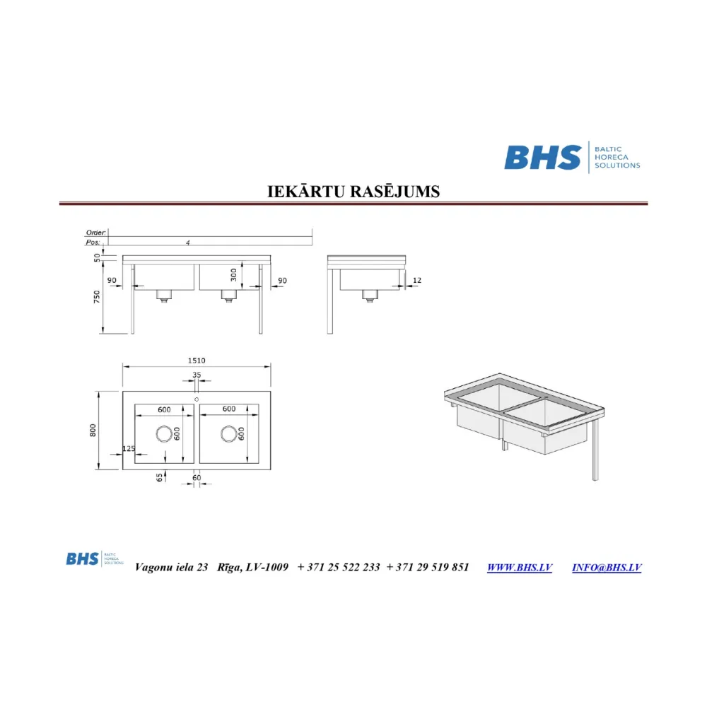 Поверхность из нержавеющей стали с двумя раковинами 1510 мм