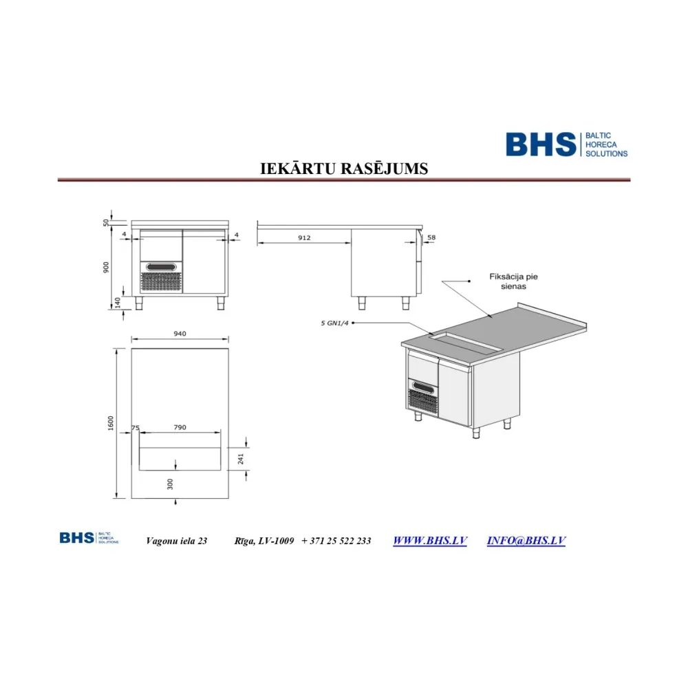 Стол-холодильник с удлиненной столешницей  и местом для 5 GN 1/4