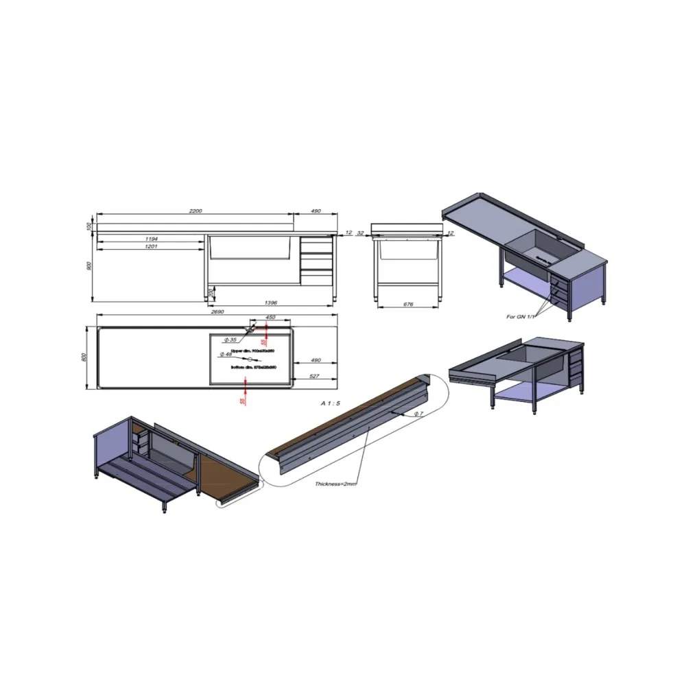 Кухонный стол с тремя раковинами