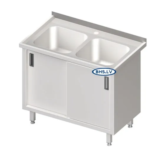 Металлические столы c двойной раковиной и дверью