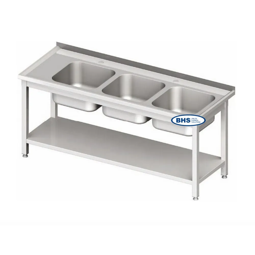 Стол металлический с тремя раковинами и полкой 2700